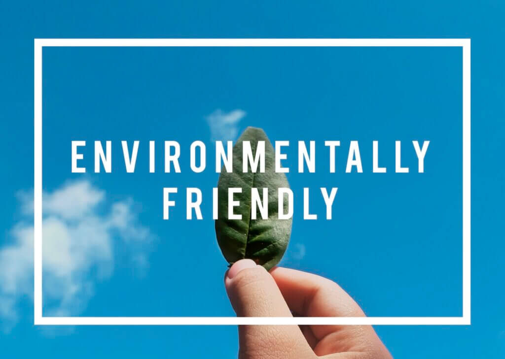 a green leaf held by two fingers and the slogan "environmentally friendly" promoting non-toxic mold removal