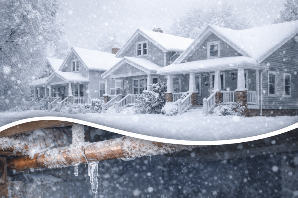 A row of Southern-style homes sits blanketed in snow during an intense winter storm, with a close-up of an exposed pipe coated in ice below, illustrating how extreme cold can threaten unprotected plumbing in regions unaccustomed to freezing temperatures.