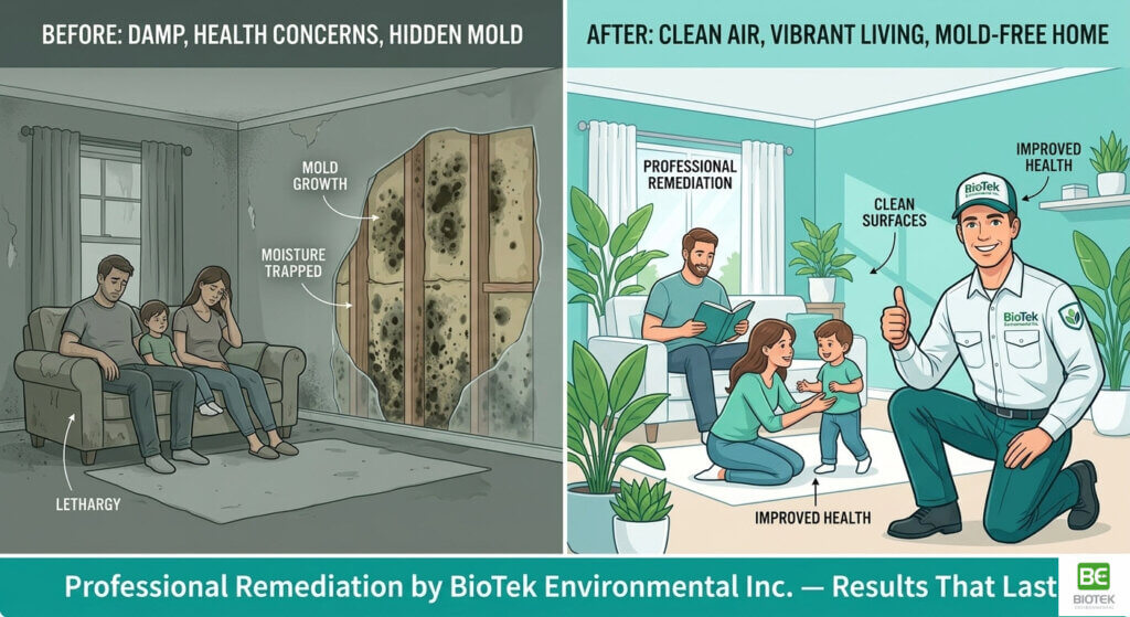 INFOGRAPHIC: A warm, reassuring before-and-after style infographic with two panels. LEFT PANEL: A dim, slightly dingy room interior with subtle visual indicators of mold behind a wall (shown as a semi-transparent cutaway revealing dark mold growth). A family figure in the background looks tired and uncomfortable. The color palette is muted grey-green. RIGHT PANEL: The same room, bright and clean, with a BioTek Environmental Inc. technician in professional uniform giving a thumbs up. The wall shows clean, mold-free interior. The family in the background looks healthy and energetic