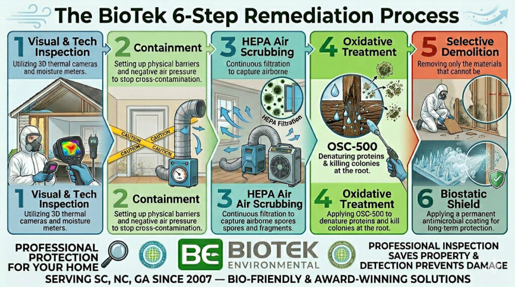 A multi-step horizontal flow chart infographic for BioTek Environmental titled "The BioTek 6-Step Remediation Process" illustrating visual inspection, containment, HEPA air scrubbing, oxidative treatment, selective demolition, and biostatic shield.
