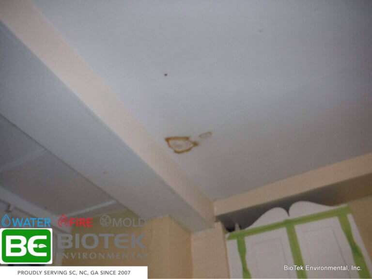 Roof leaks resulting in a brown spot on the ceiling drywall