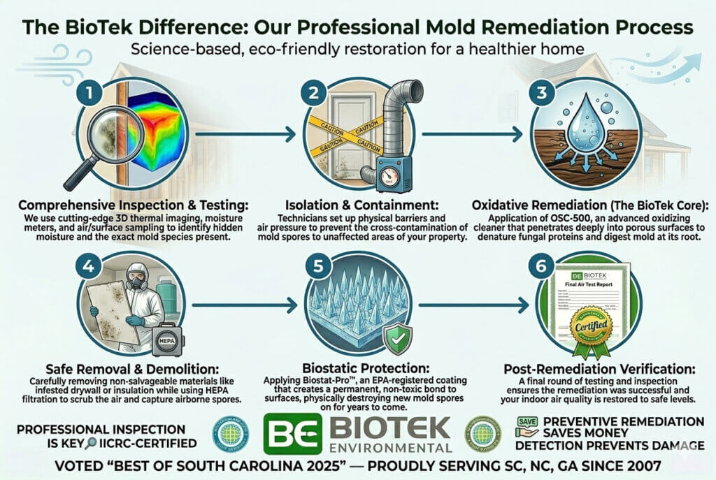 Six-step mold remediation process infographic: inspection, testing, containment, removal, HEPA treatment, and post-remediation verification by BioTek Environmental Inc.
