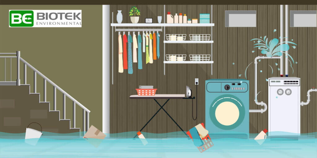 an image of a broken water pipe and a flooded basement