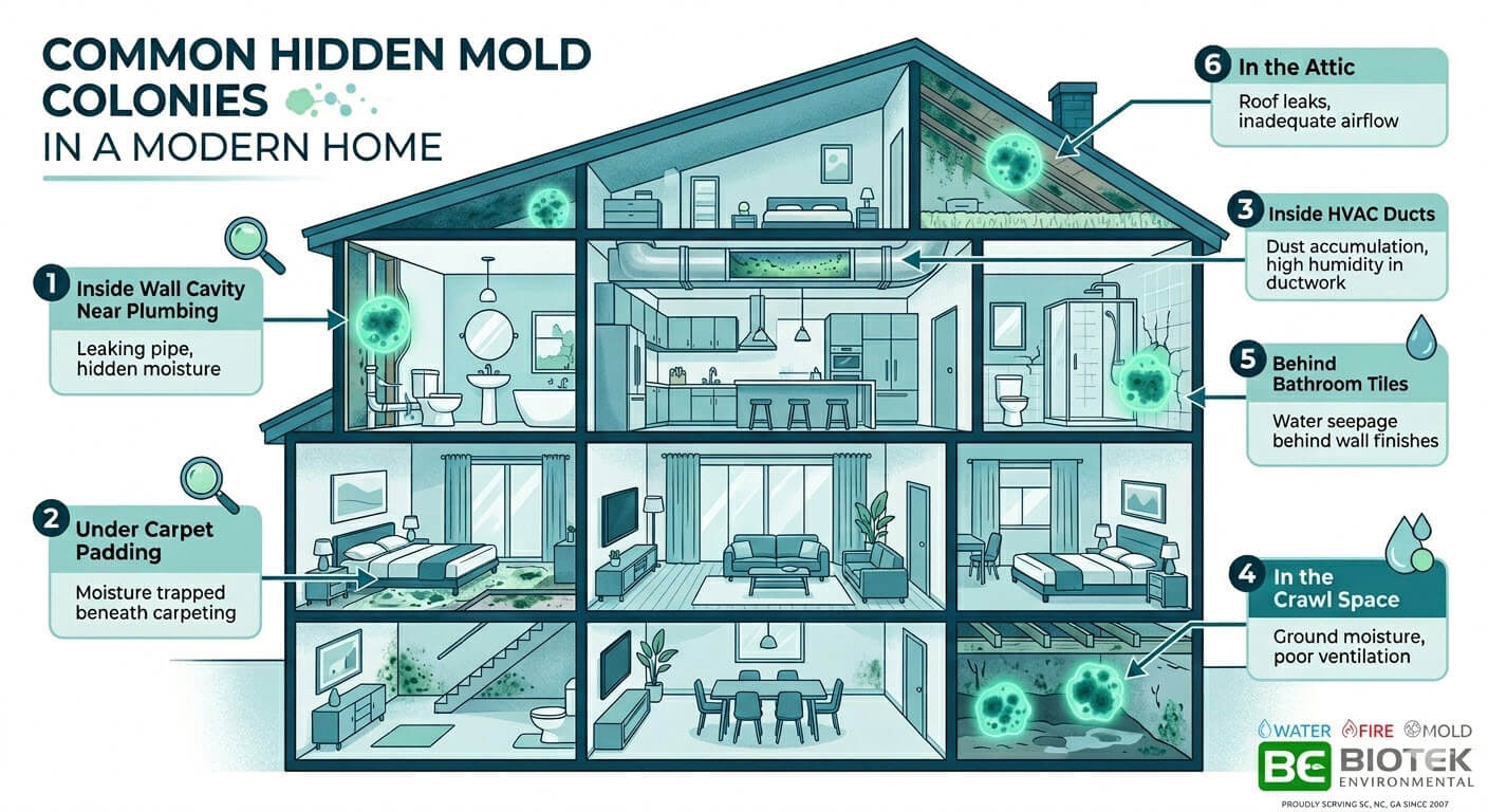 INFOGRAPHIC: A detailed cross-section illustration of a modern home with cutaway walls and floors revealing hidden mold colonies in six labeled hotspots: inside wall cavities near plumbing, under carpet padding, inside HVAC ducts, in the crawl space, behind bathroom tiles, and in the attic.