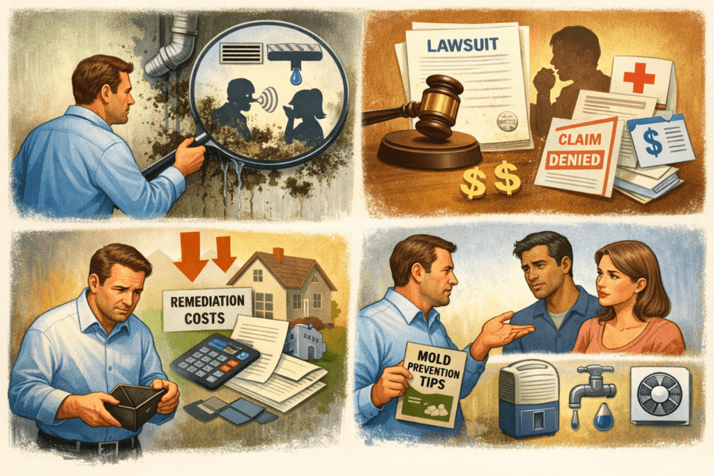 a four image panel depicting the concerns of landlords regarding mold problems