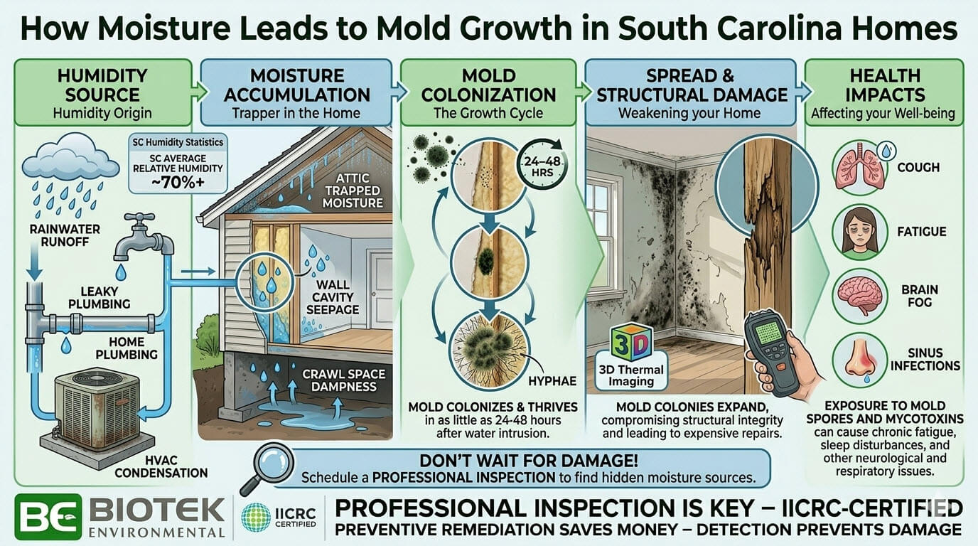 A multi-step horizontal flow chart infographic titled, "How Moisture Leads to Mold Growth in South Carolina Homes." The diagram is composed of five interconnected phases, from cause to effect, laid out from left to right.