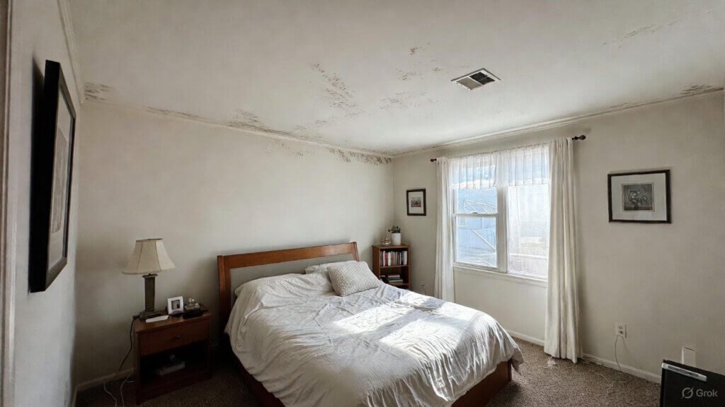 a bedroom with visible mold in the corners of the ceiling