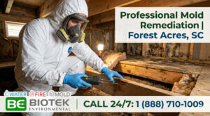 A professional environmental services technician in full protective gear including a respirator and Tyvek suit utilizes a moisture meter on wooden framing within a crawl space or attic to detect mold and moisture.