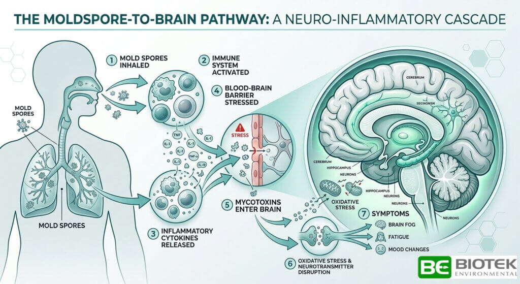 INFOGRAPHIC: A clean, modern scientific-style infographic illustrating the pathway from mold spore inhalation to brain effects. Show a human silhouette with a zoomed-in cutaway of the brain. Use labeled arrows to trace the sequence: (1) Mold spores inhaled, (2) Immune system activated, (3) Inflammatory cytokines released, (4) Blood-brain barrier stressed, (5) Mycotoxins enter brain, (6) Oxidative stress & neurotransmitter disruption, (7) Symptoms: brain fog, fatigue, mood changes