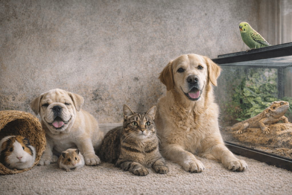 Pets on beige carpet with moldy backdrop