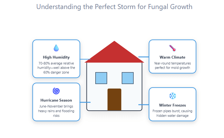  Four callout bubbles highlighting the main risk factors for mold (humidity, warm climate, hurricanes, winter freezes)