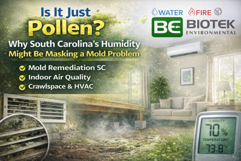 Horizontal blog title card featuring a South Carolina home interior with visible humidity and airborne pollen particles blending into hidden mold growth in a crawlspace and HVAC vent. A digital humidity monitor reads high moisture levels, reinforcing the indoor air quality theme. Bold headline text reads “Is It Just Pollen? Why South Carolina’s Humidity Might Be Masking a Mold Problem,” with the BioTek Environmental logo prominently displayed in brand colors (green, blue, red, and gray).