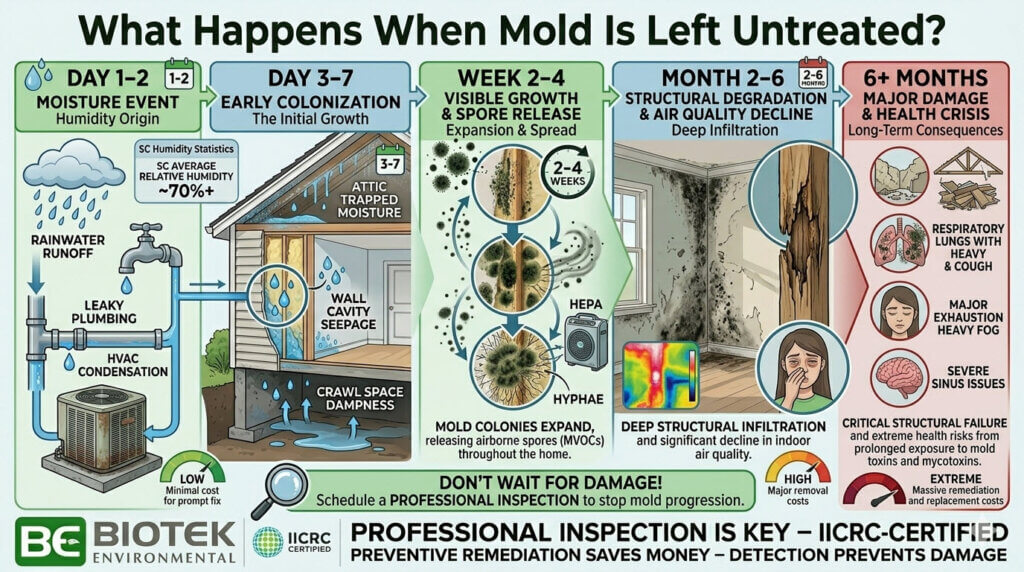 An infographic timeline for BioTek Environmental illustrating how untreated mold and moisture progress through five stages, from day 1 to 6+ months, escalating from a simple moisture event to structural degradation and a health crisis.