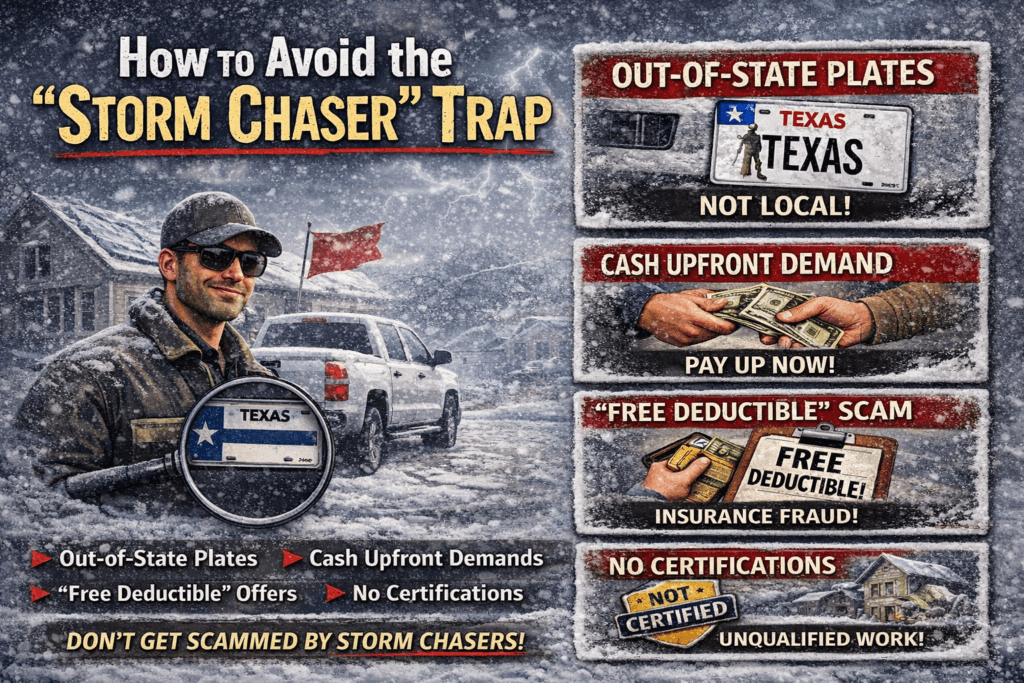 Snowstorm warning graphic showing chaser scams and contractor red flags